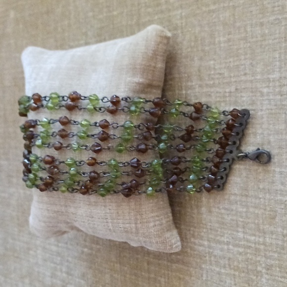 Nine Strand Beaded Green Burnt Orange Bracelet - Picture 7 of 8
